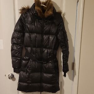 Black Women's Long Puffer JACKET with Faux Fur Trim